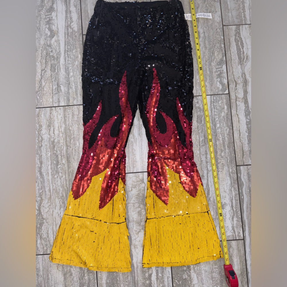 NWT Nasty Gal sz 8 FIRE Red FIRE Black Sequin Pants zip flares FLAMES Stretch!
